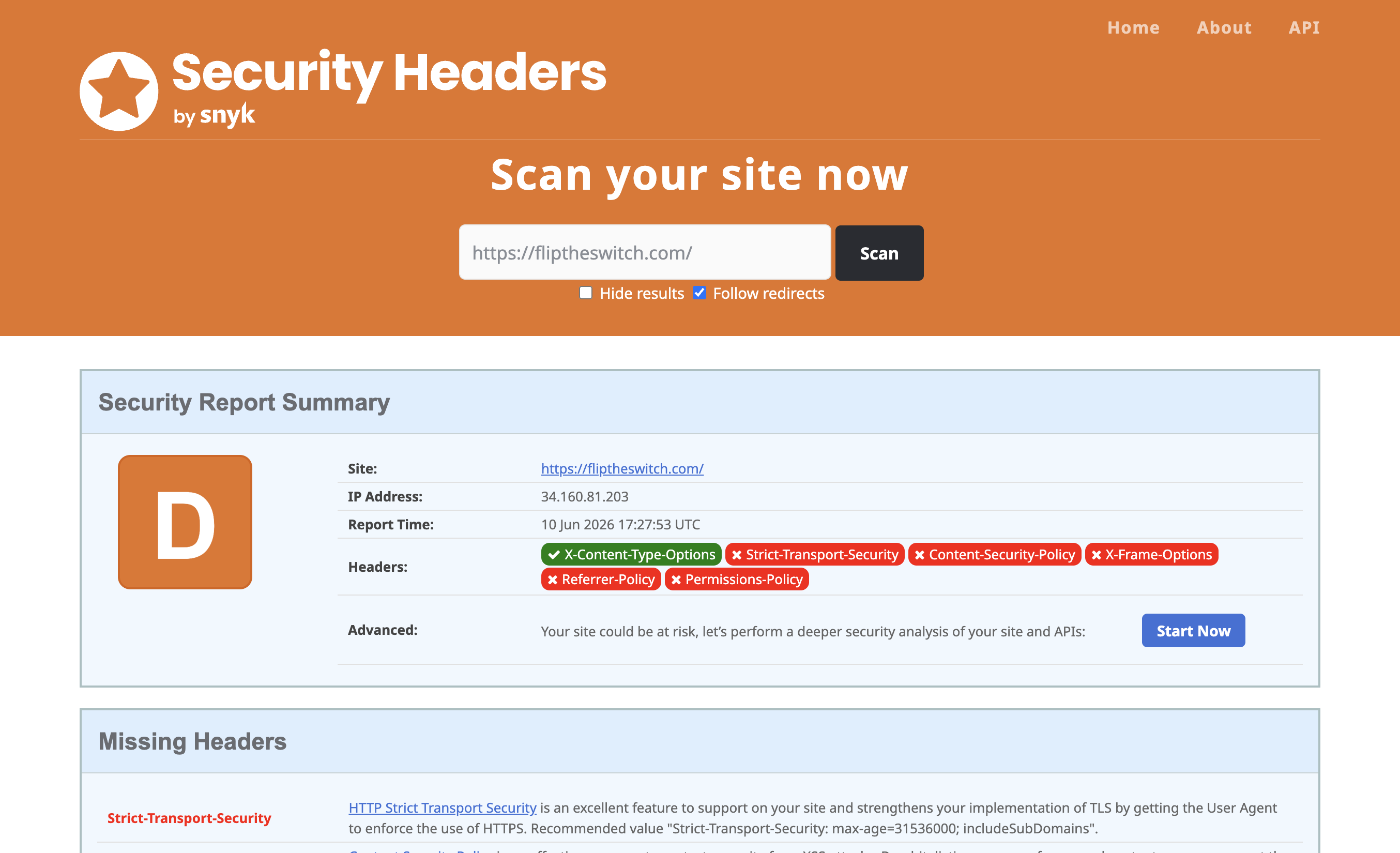 securityheaders.com grading fliptheswitch.com a D, with missing HSTS, CSP, X-Frame-Options