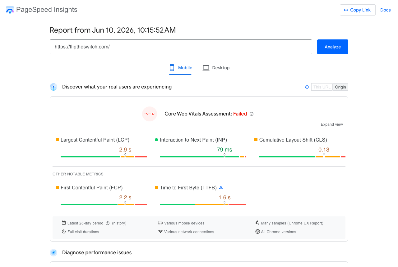 Google PageSpeed Insights: Core Web Vitals Assessment Failed, LCP 2.9s, CLS 0.13, from CrUX field data