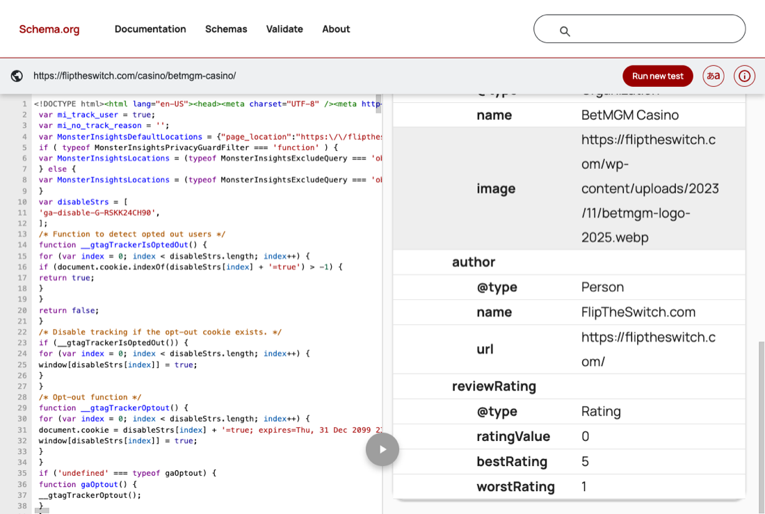 Schema.org validator showing a Review authored by FlipTheSwitch.com with a reviewRating block