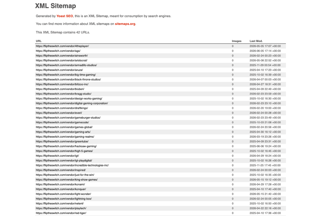The live Yoast vendor sitemap listing dozens of thin vendor archive URLs as indexable